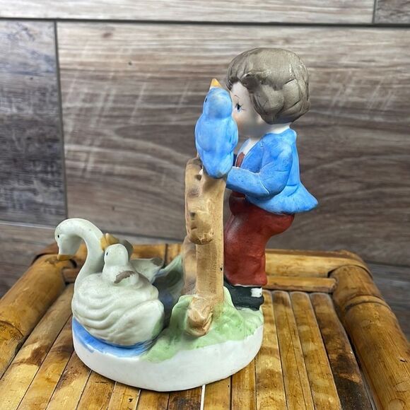 Hummel Style Unbranded Figurine Boy Standing Fence with Geese & Bird Taiwan, Vtg - Picture 2 of 4